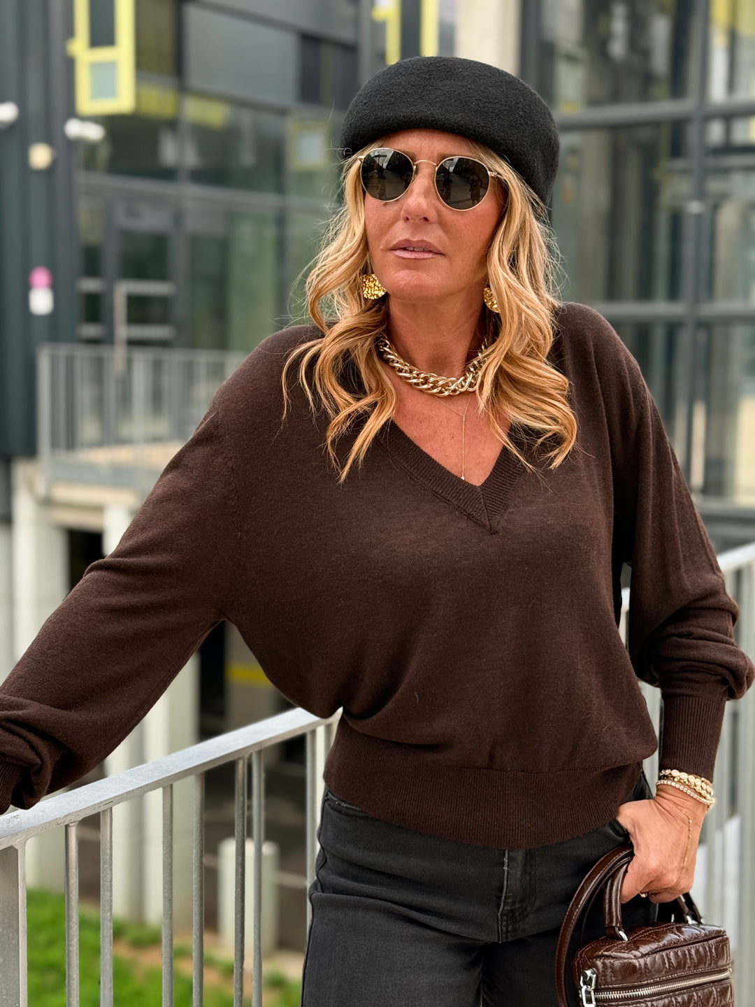 Pull laine simple col V 2032 Choco
