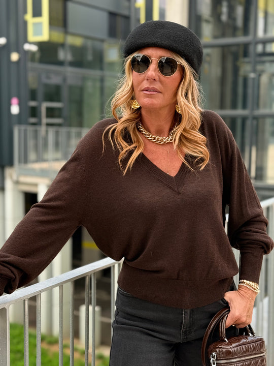 Pull laine simple col V 2032 Choco