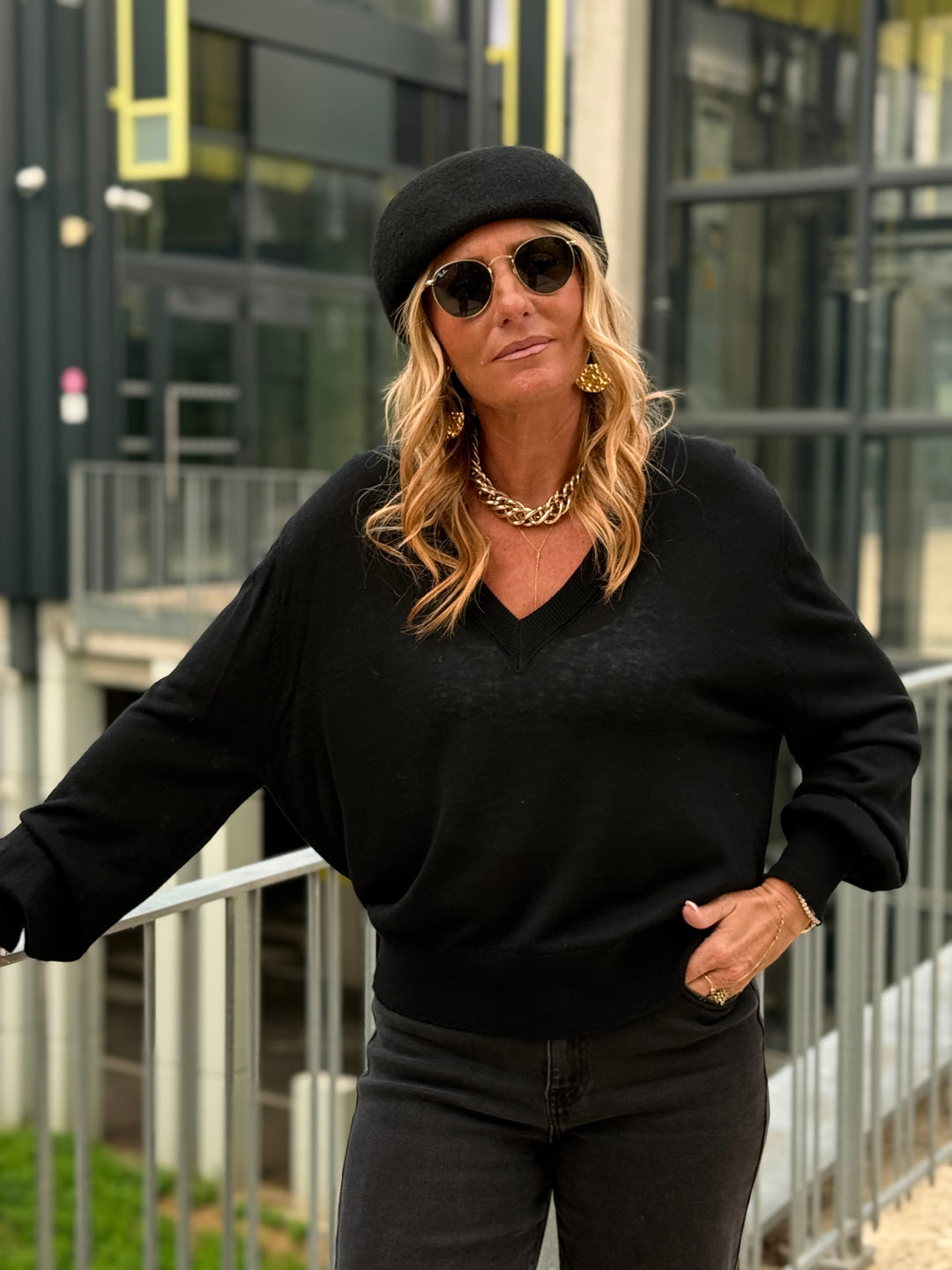 Pull laine simple col V 2032 Noir