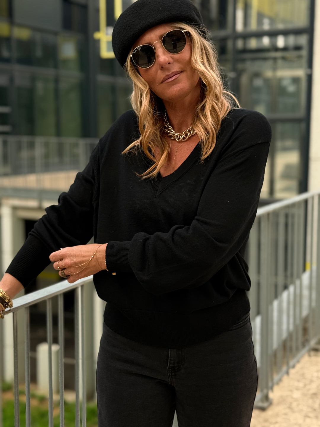 Pull laine simple col V 2032 Noir