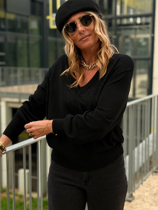 Pull laine simple col V 2032 Noir