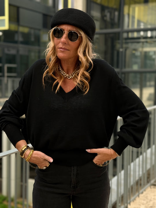 Pull laine simple col V 2032 Noir