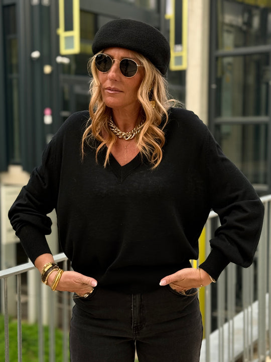 Pull laine simple col V 2032 Noir