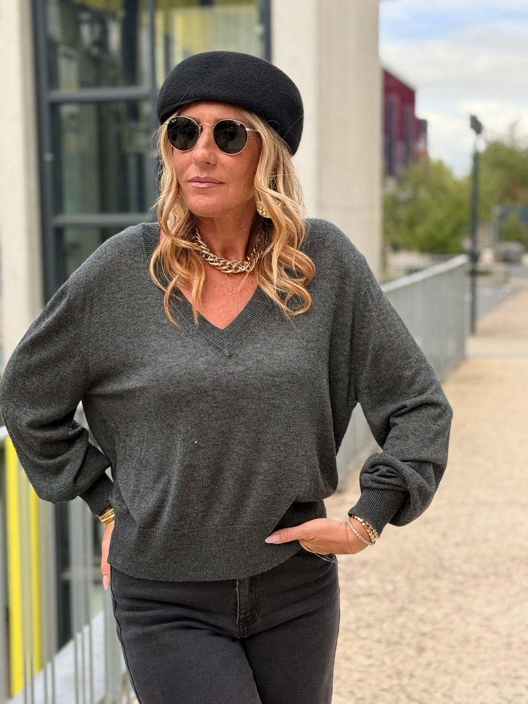 Pull laine simple col V 2032 Gris