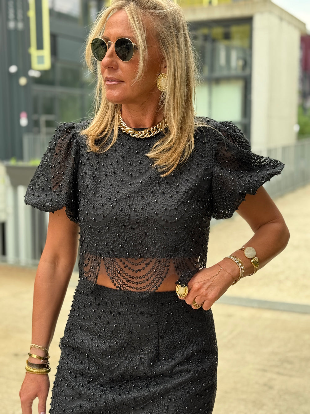 Top perles manches bouffante 5026 noir