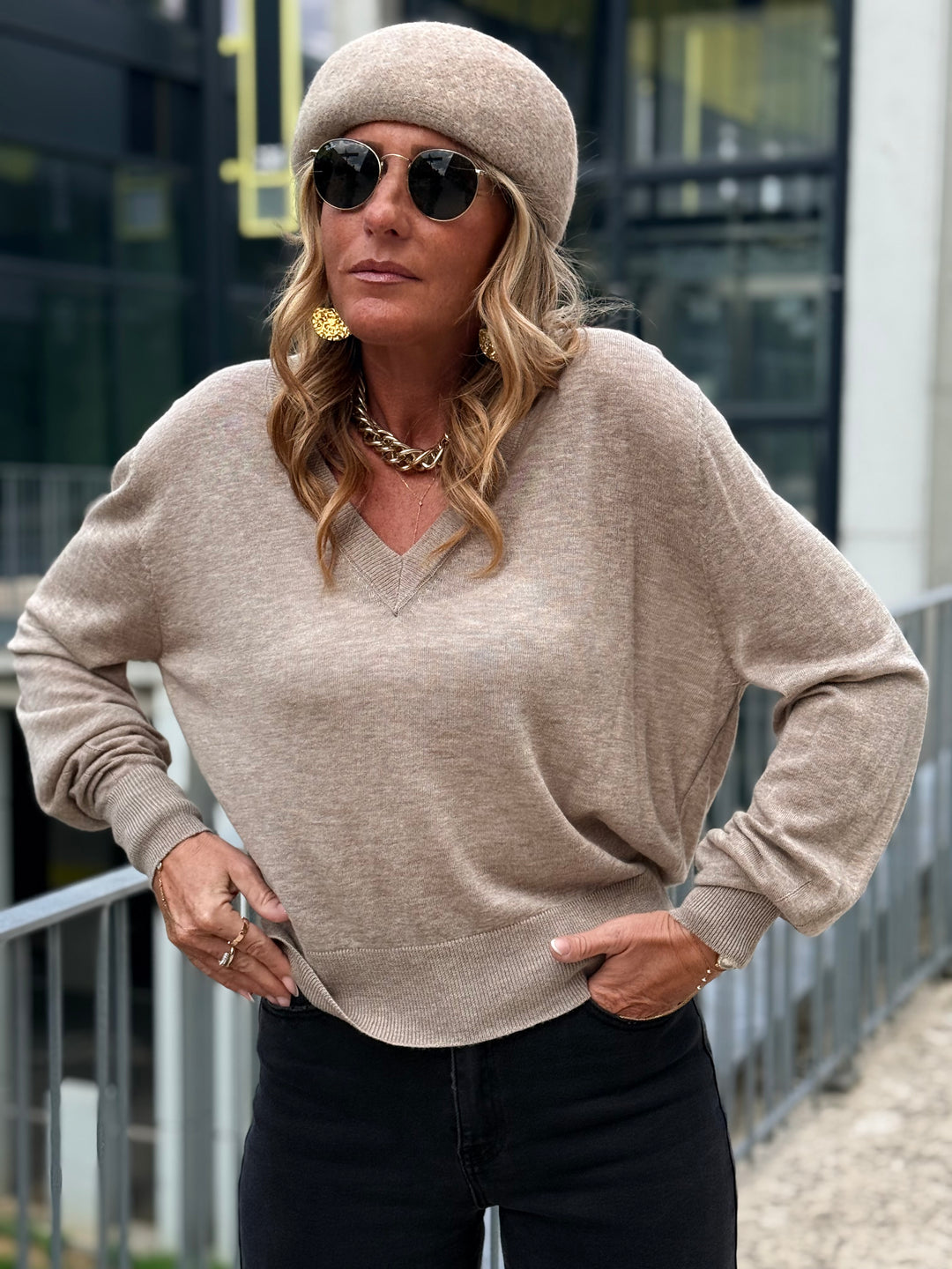 Pull laine simple col V 2032 Taupe