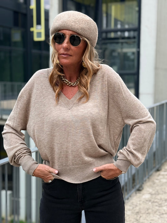 Pull laine simple col V 2032 Taupe