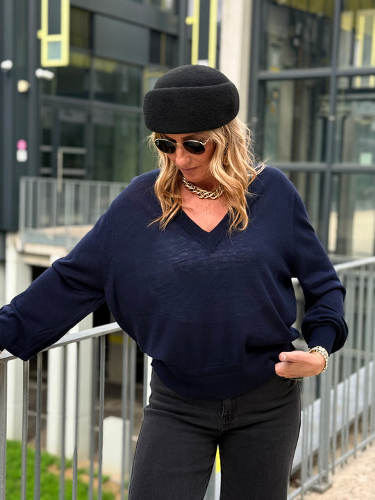 Pull laine simple col V 2032 Bleu marine