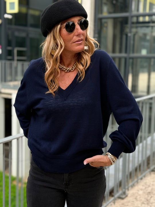 Pull laine simple col V 2032 Bleu marine