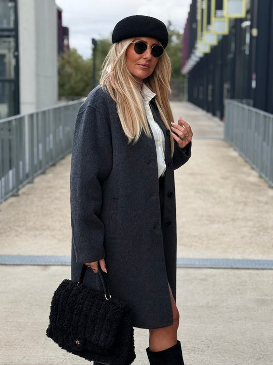 Manteau laine mi long gris sy738
