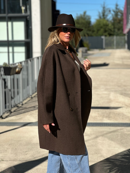 Manteau choco genoux boutons Laine 010 (95cm)