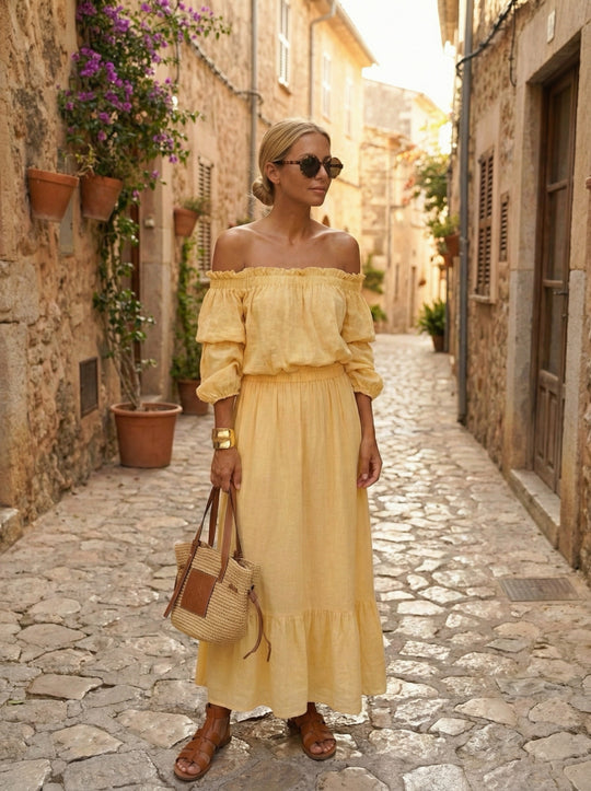 Ensemble Jaune haut épaules dénudées + jupe longue 9376