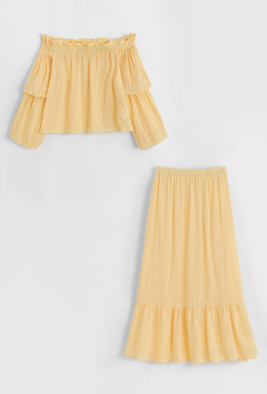 Ensemble Jaune haut épaules dénudées + jupe longue 9376