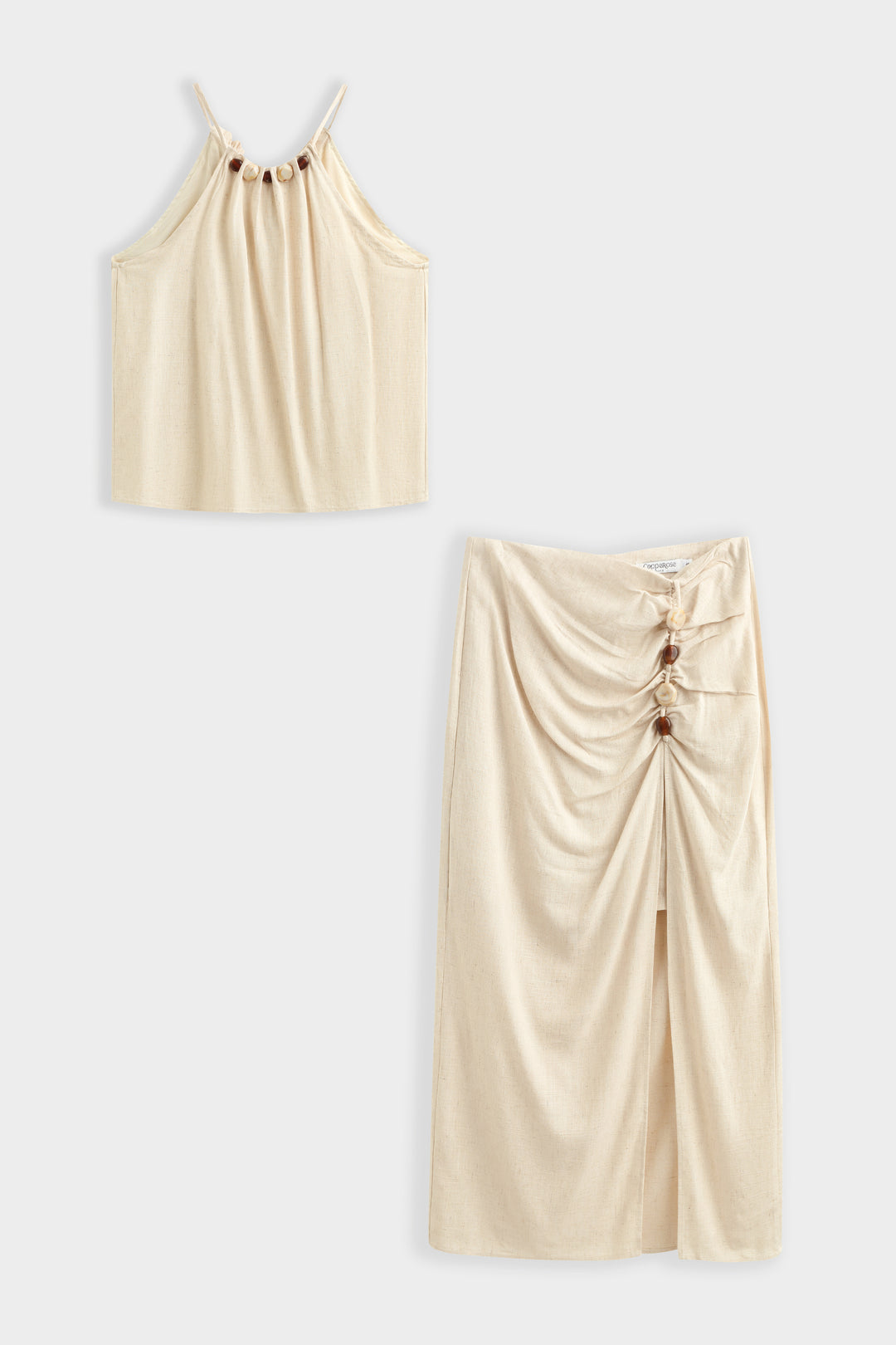 Ensemble lin top + jupe fente à perles beige 9528 (taille petit)