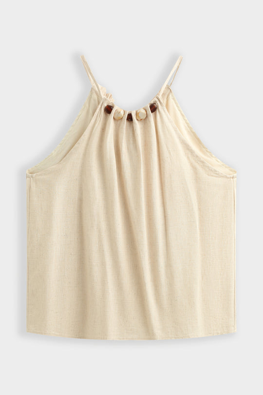 Ensemble lin top + jupe fente à perles beige 9528 (taille petit)