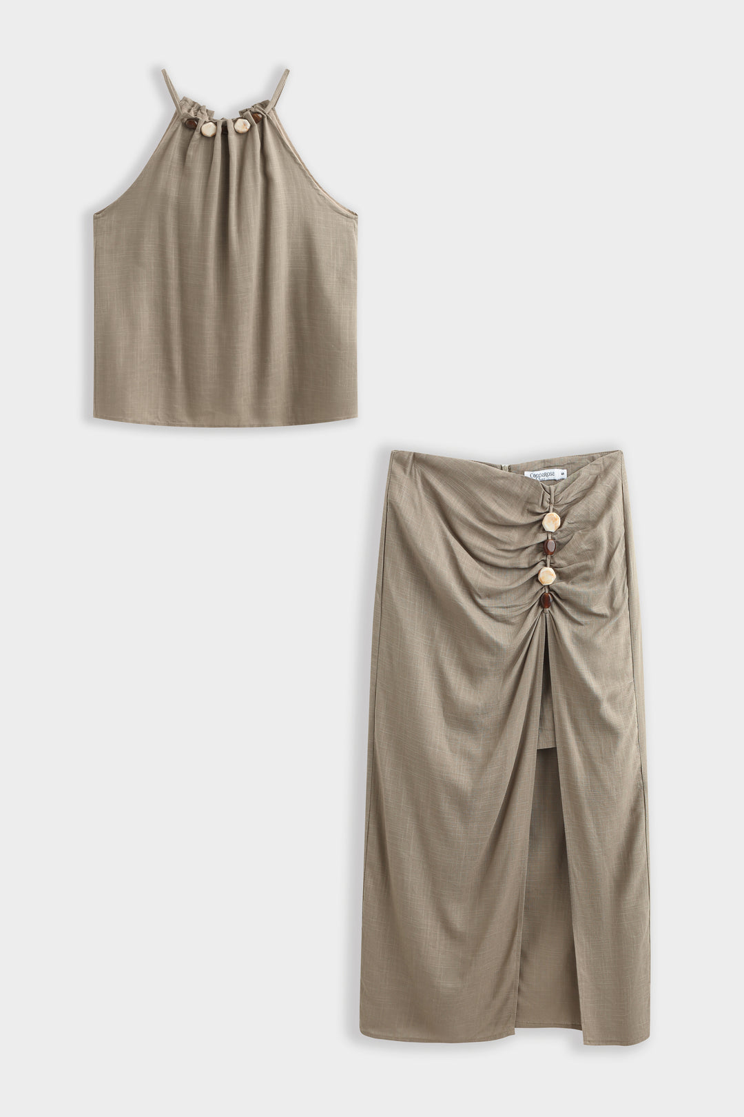 Ensemble lin top + jupe fente à perles kaki 9528 (taille petit)