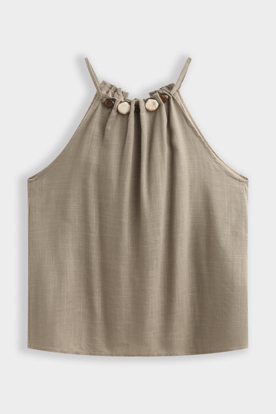 Ensemble lin top + jupe fente à perles kaki 9528 (taille petit)