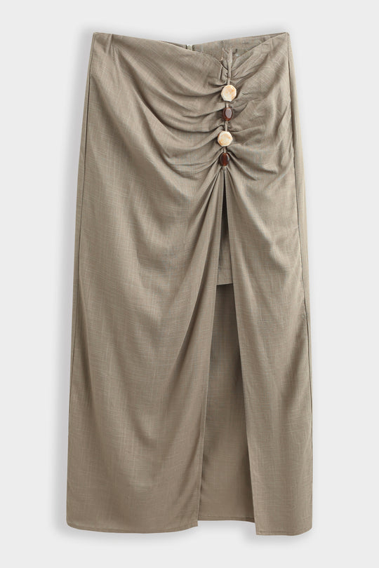 Ensemble lin top + jupe fente à perles kaki 9528 (taille petit)