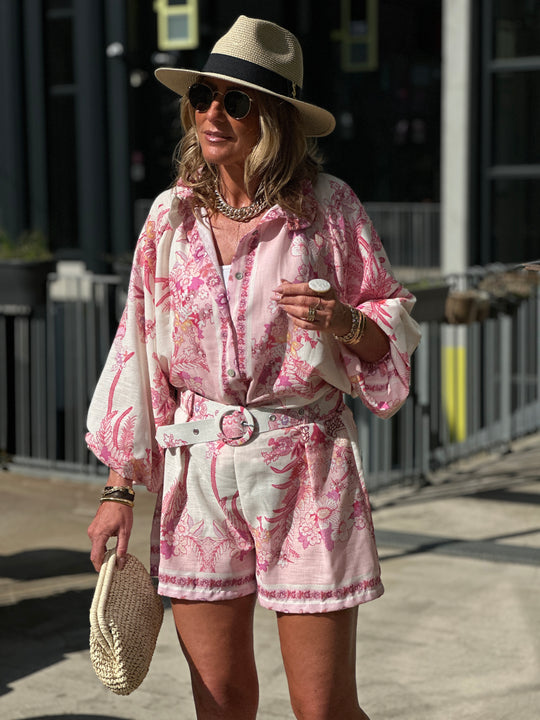 Ensemble chemise short motifs rose