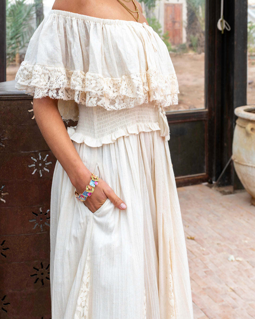 Robe longue avec dentelle crème NOTCHE