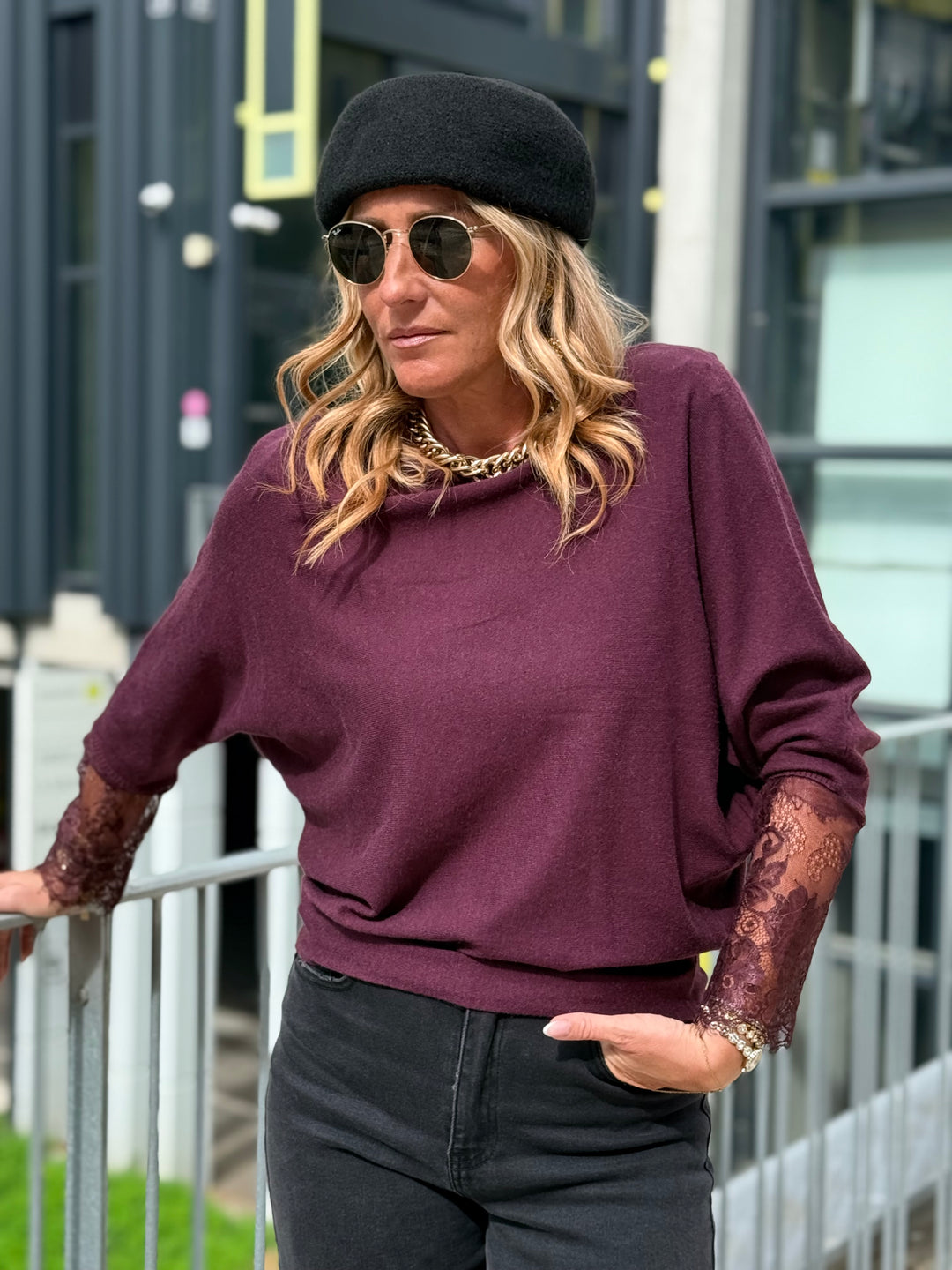 Pull manches dentelle Prune 2041