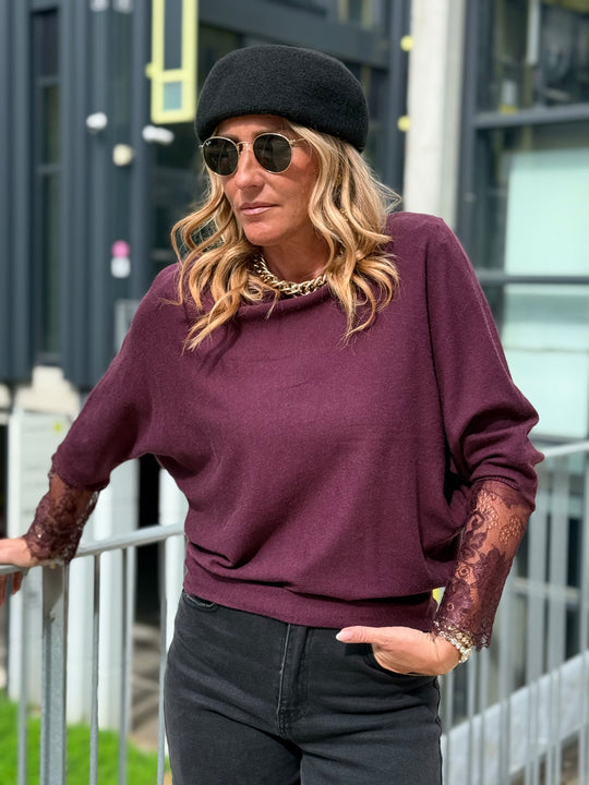 Pull manches dentelle Prune 2041