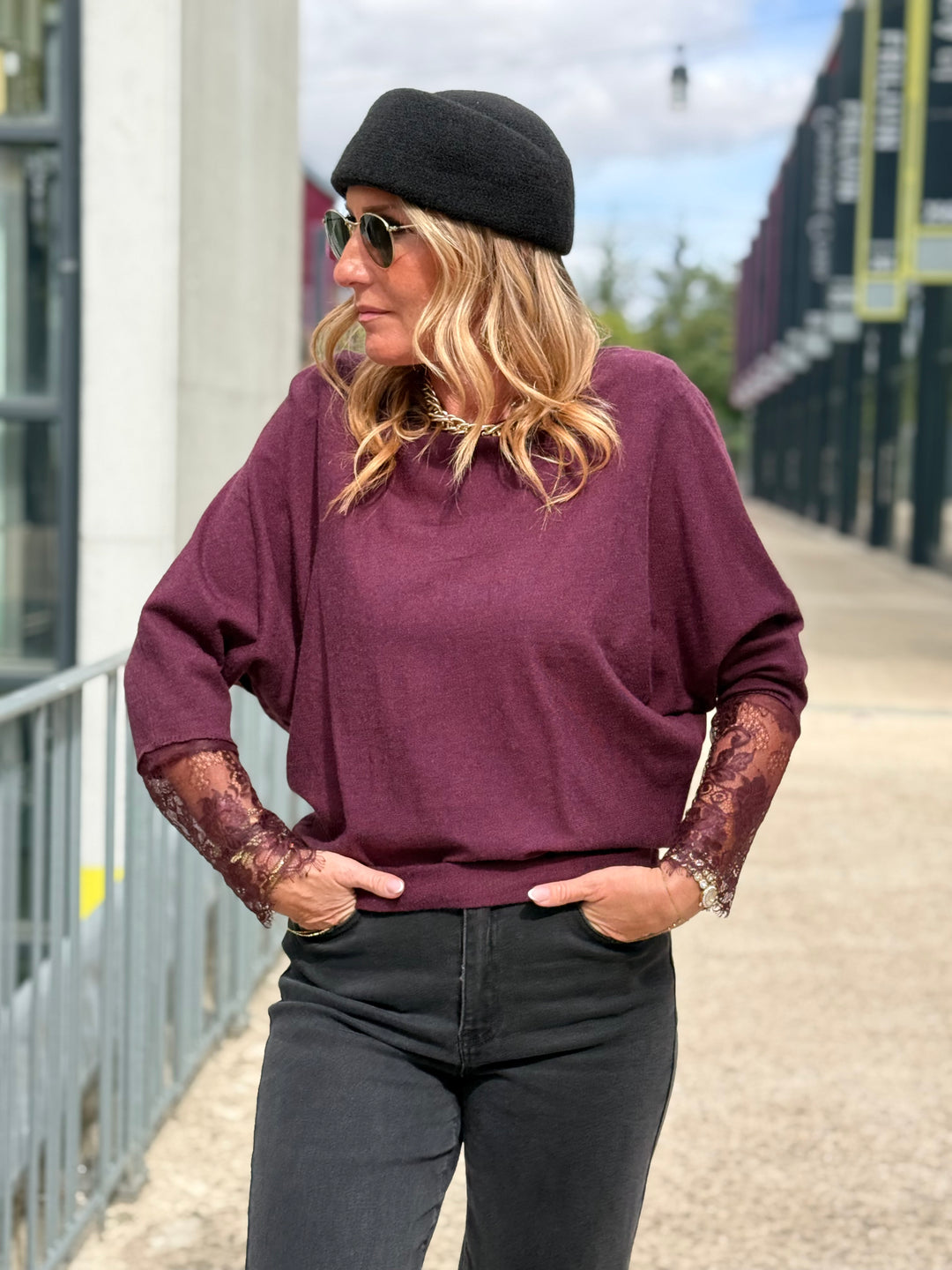 Pull manches dentelle Prune 2041