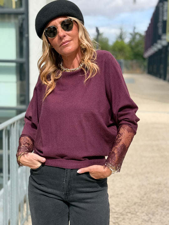 Pull manches dentelle Prune 2041