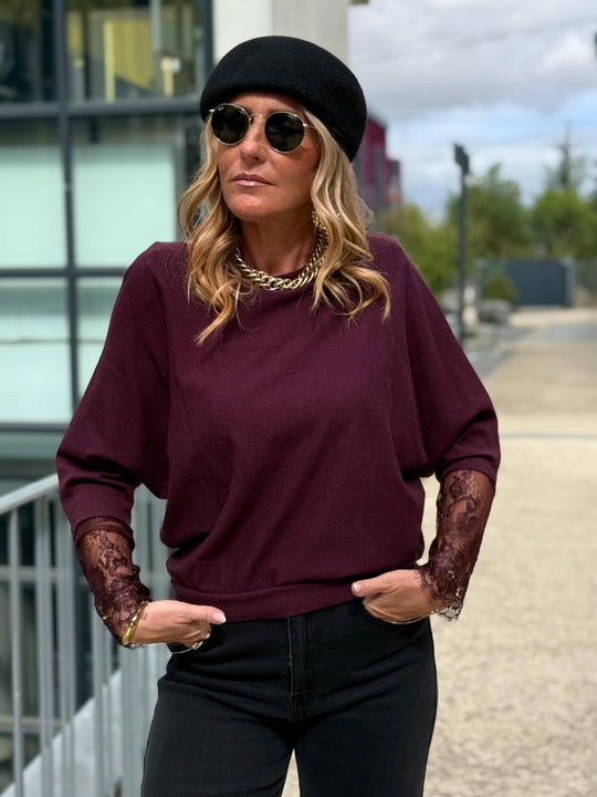 Pull manches dentelle Prune 2041