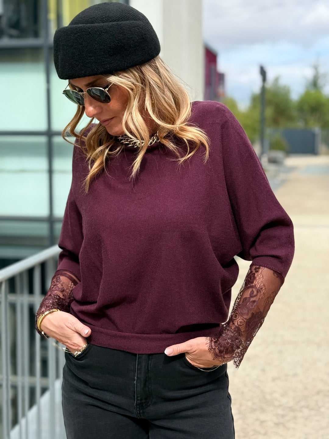 Pull manches dentelle Prune 2041