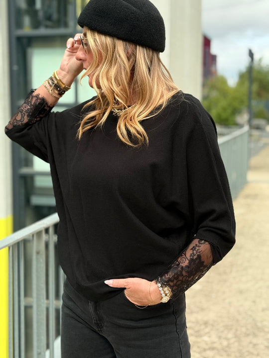 Pull manches dentelle Noir 2041