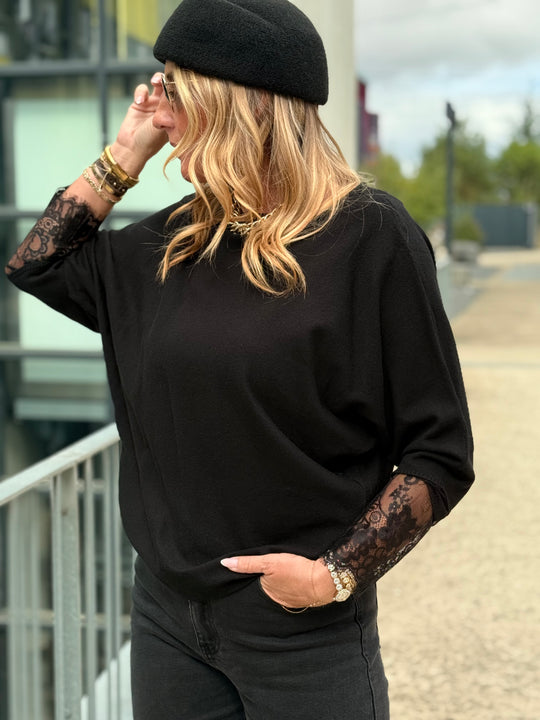 Pull manches dentelle Noir 2041