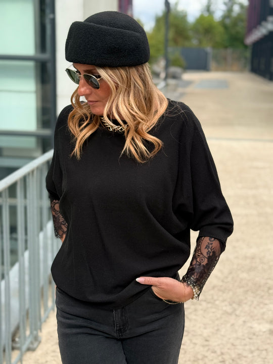 Pull manches dentelle Noir 2041