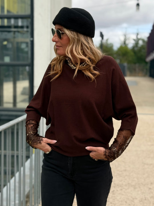 Pull manches dentelle Choco 2041
