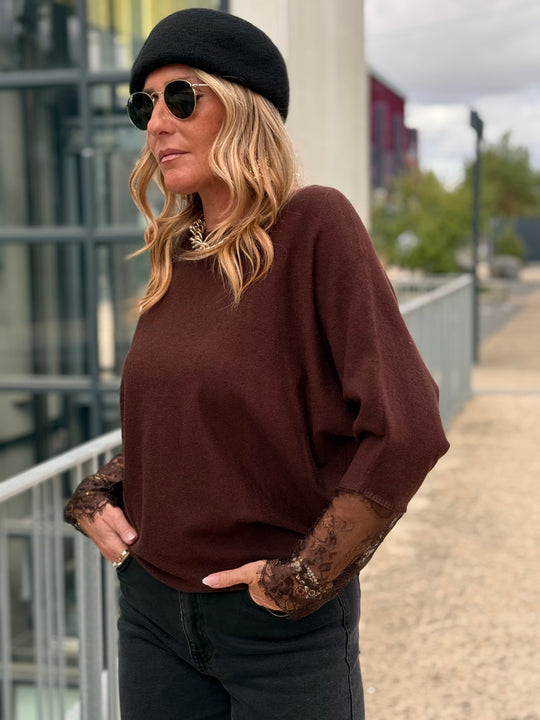 Pull manches dentelle Choco 2041