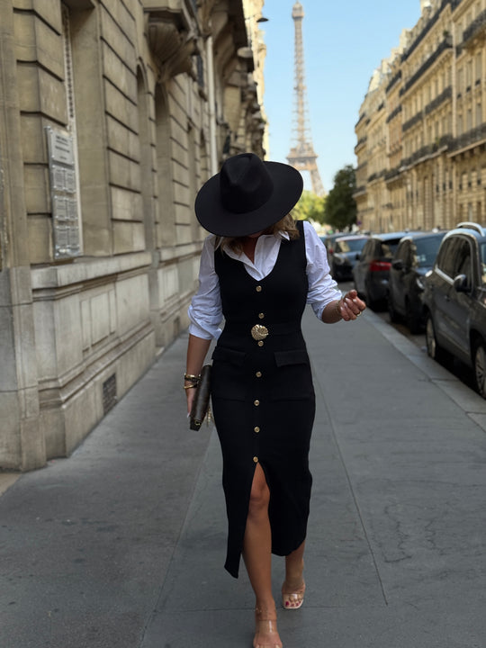 Robe noir ceinture or y517