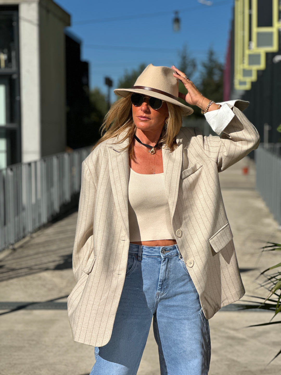 Blazer épaisse rayure oversize revers 11367 beige