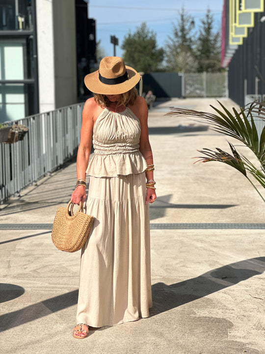 Ensemble top jupe volant taupe 9257