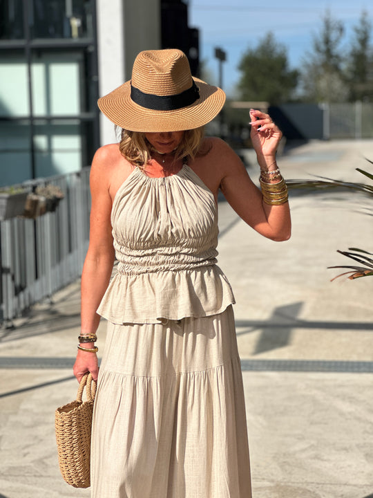 Ensemble top jupe volant taupe 9257