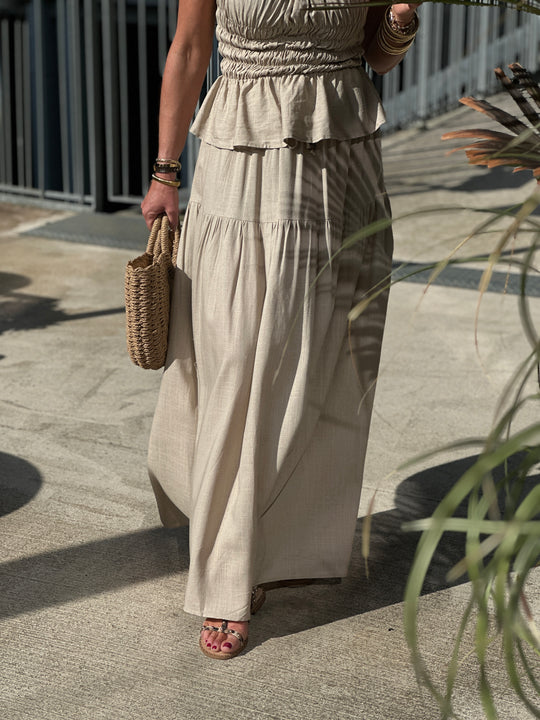 Ensemble top jupe volant taupe 9257