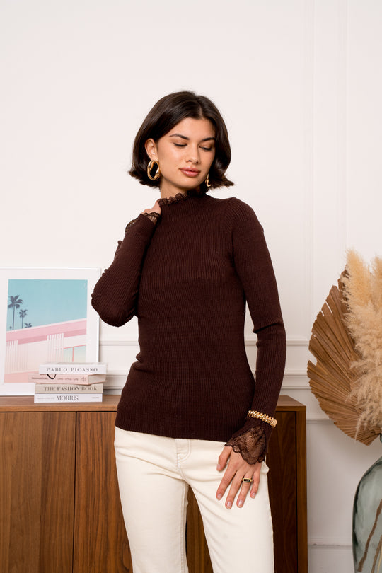Pull Sarah col dentelle Choco 9101