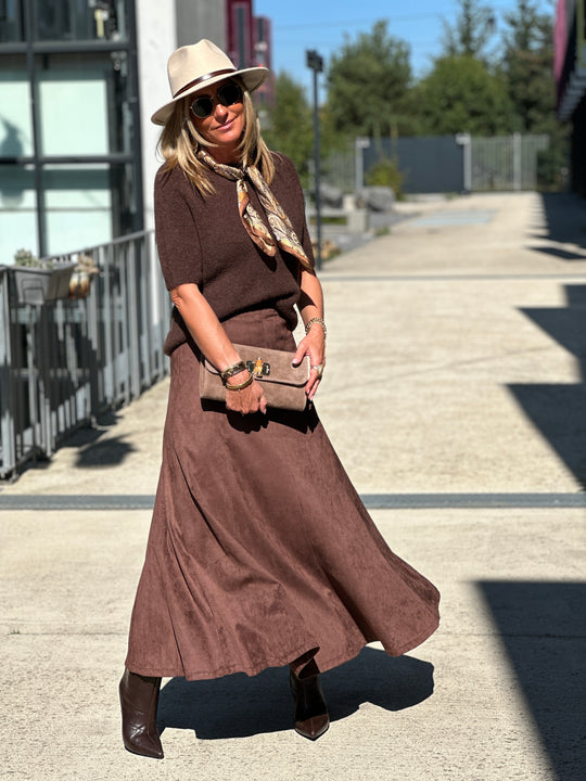 Jupe daim évasé choco Rm746