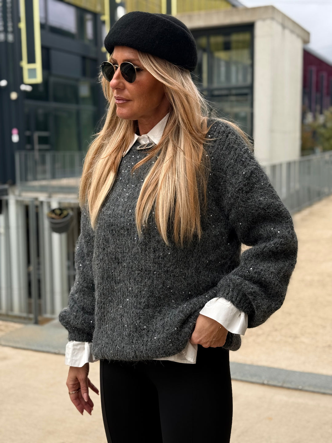 Pull maille gris sequin argenté 1808