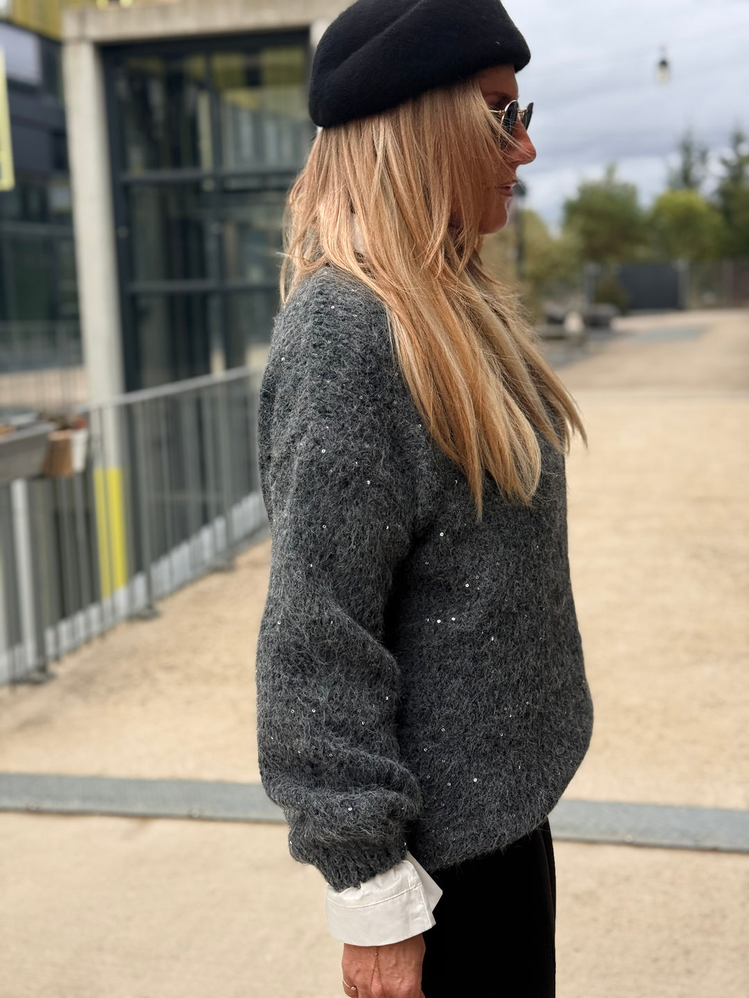 Pull maille gris sequin argenté 1808