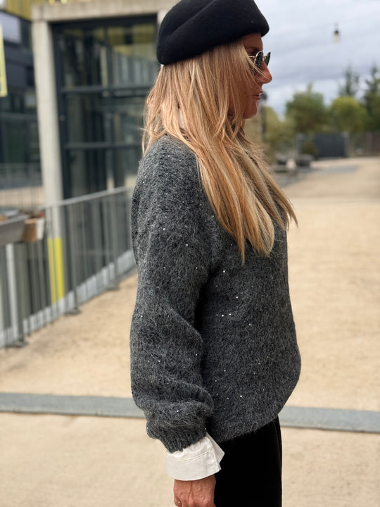 Pull maille gris sequin argenté 1808