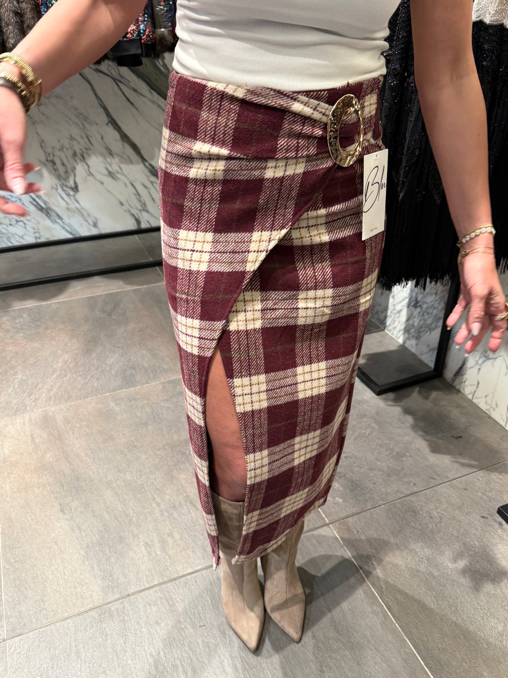 Jupe carreau boucle or Bordeaux