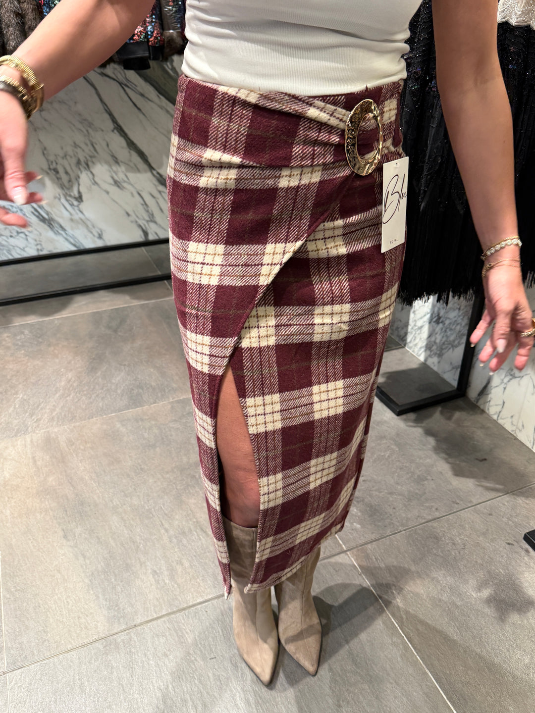 Jupe carreau boucle or Bordeaux