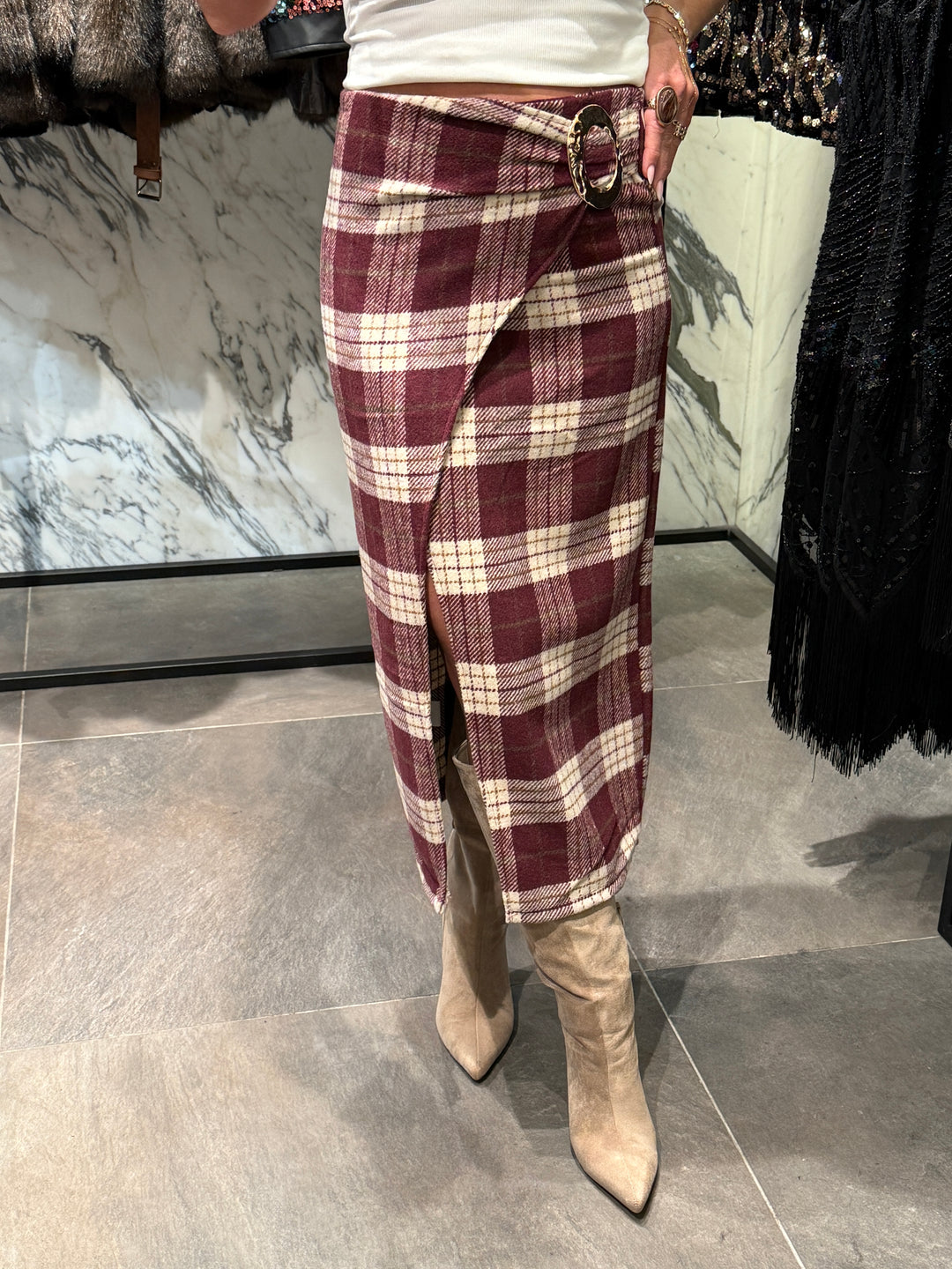 Jupe carreau boucle or Bordeaux
