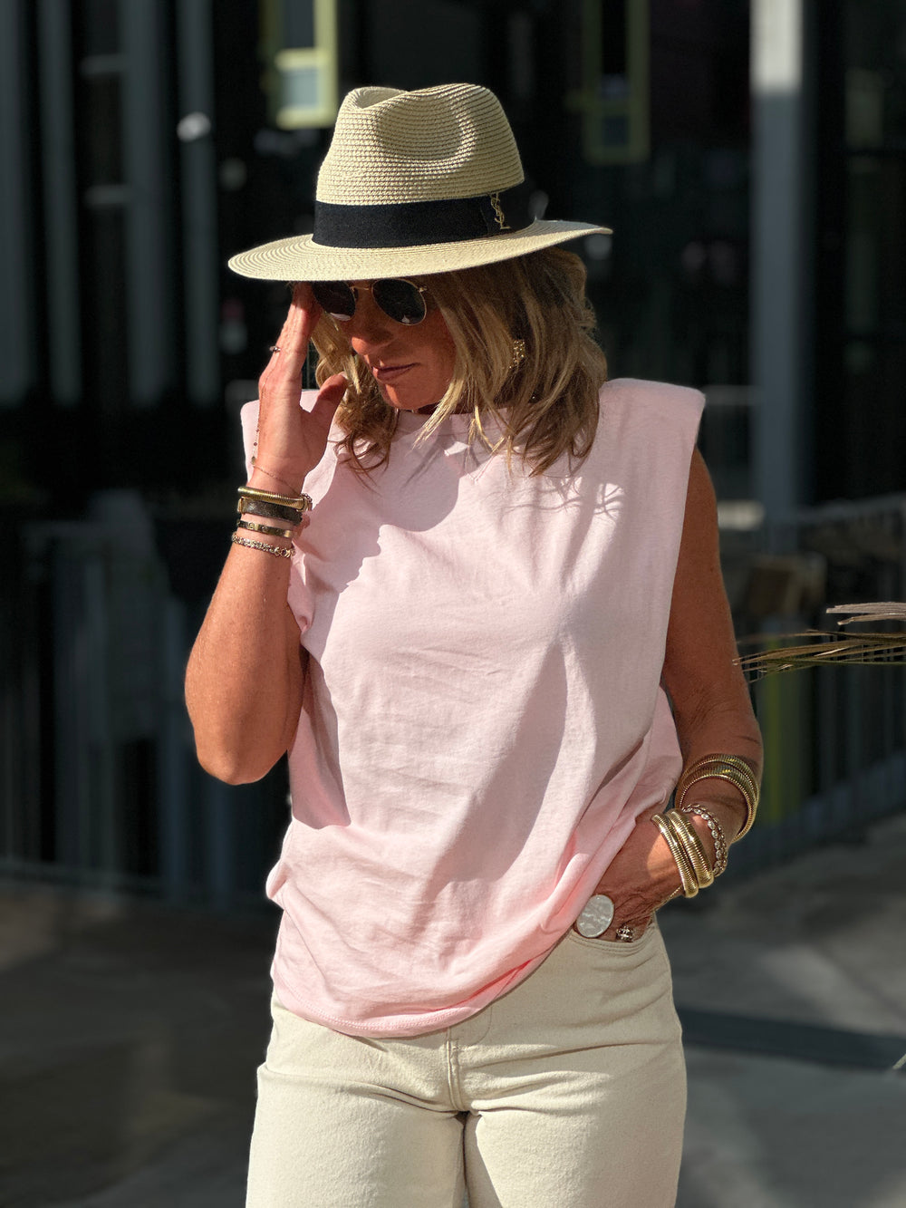 Top épaule rose pale