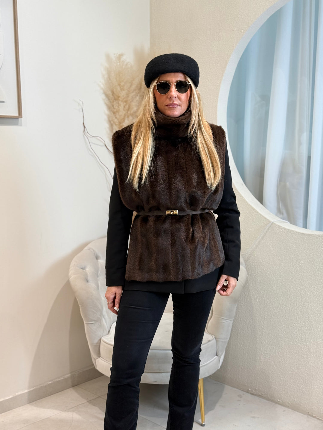 Gilet sans manche fourure 25030 Marron Raye